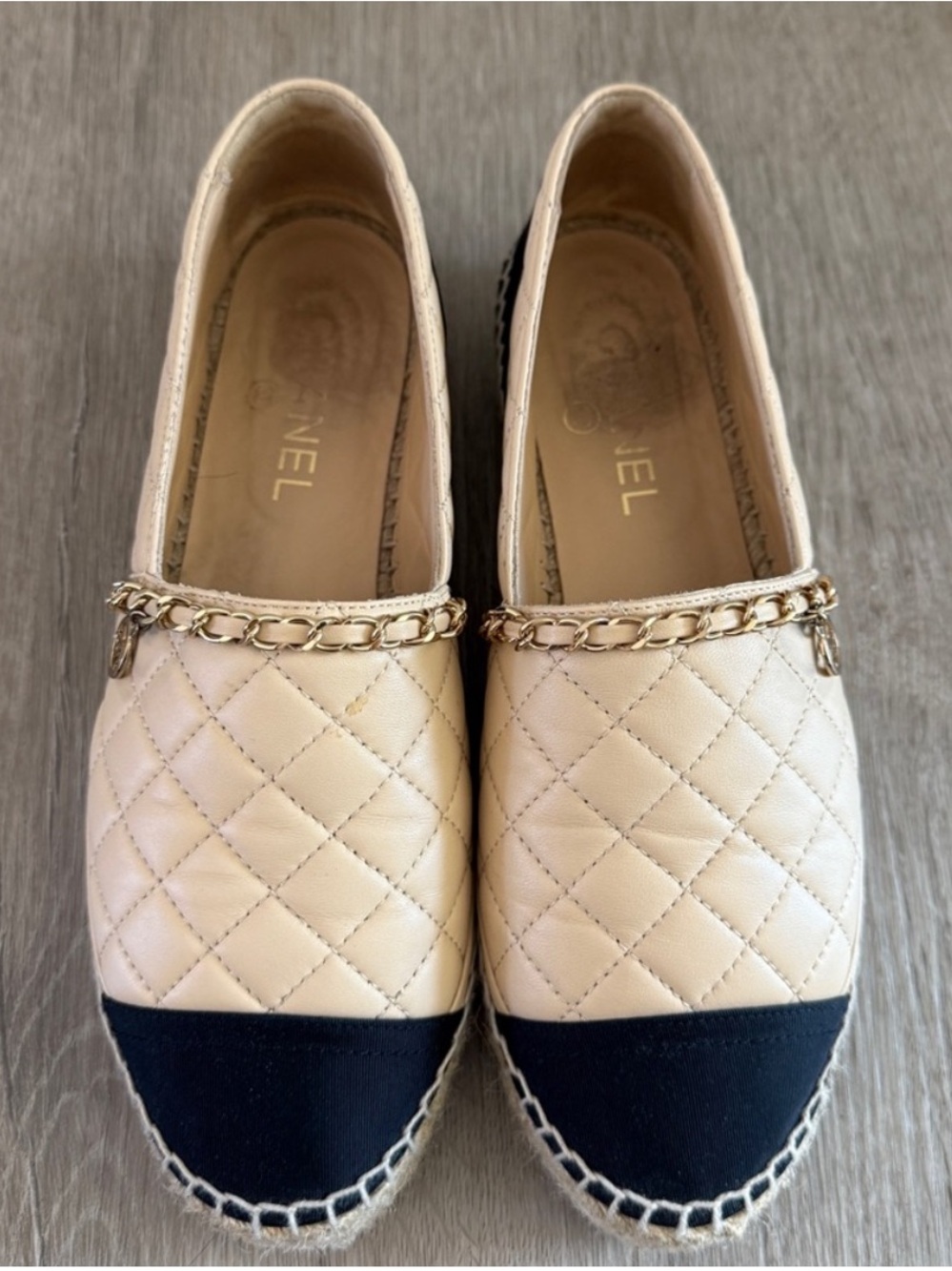 CHANEL Quilted Beige Leather Espadrilles with Black Cap Toe & Gold Chain - Picture 2 of 8